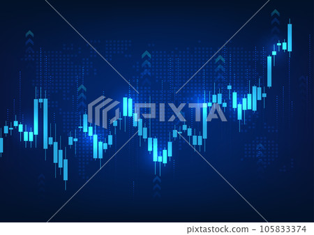 Graph technology background It is a technology that shows the growth price of a company in the stock market. Vector illustration of a candlestick chart with a blue rising arrow behind a world map. Graph technology background It is a technology that shows the growth price of a company in the stock market. Vector illustration of a candlestick chart with a blue rising arrow behind a world map. 105833374