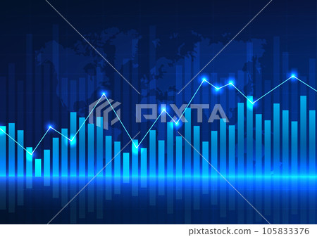 Technology background with price charts used to measure the growth, profit, and loss of the company Vector illustration blue line graph Bar graph behind the world map Technology background with price charts used to measure the growth, profit, and loss of the company Vector illustration blue line graph Bar graph behind the world map 105833376