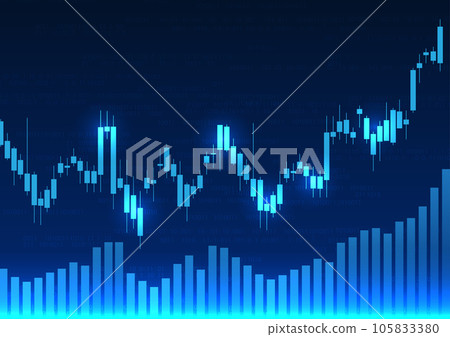 Technology background with price charts used to measure the growth, profit, and loss of the company It is a dark blue vector picture with candlestick charts and bar charts behind the number codes. 105833380