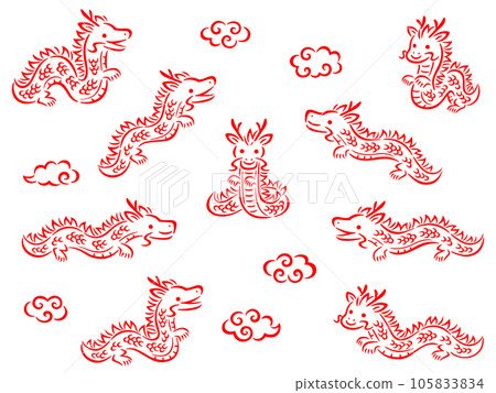 紅色畫筆描邊龍字與雲線畫插圖集 105833834
