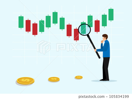 Technical analysis trader to analyze stock market or crypto currency data movement, trend analysis to take profit, buy and sell indicator chart concept, businessman trader magnify candlestick chart. 105834199