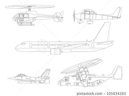 Line drawings of different types of flying planes 105834263