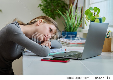 Teenage girl studying online at home, using laptop, having video lesson 105835013