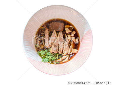 Top view of Duck noodle on a pink bowl on white isolated, focus selective Top view of Duck noodle on a pink bowl on white isolated, focus selective 105835212