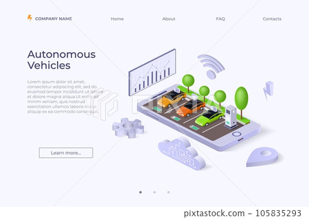 Smart car landing page. Autonomous vehicle. Isometric city parking. Future automobile technology. Mobile app. Transport lock. Auto electric battery charging. Carsharing service. Vector website design Smart car landing page. Autonomous vehicle. Isometric city parking. Future automobile technology. Mobile app. Transport lock. Auto electric battery charging. Carsharing service. Vector website design 105835293