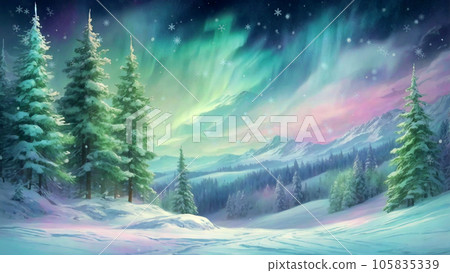 粉彩畫極光和冬季山脈 粉彩畫極光和冬季山脈 105835339