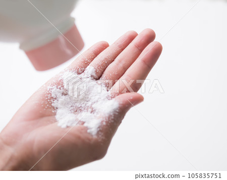 Talcum to Hand on white background,Baby Powder on Woman Hand Close Up,Dry Powder Care Higiene for People,Cosmetic for Good Health concept. Talcum to Hand on white background,Baby Powder on Woman Hand Close Up,Dry Powder Care Higiene for People,Cosmetic for Good Health concept. 105835751