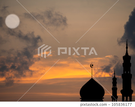 Mosques Dome,Moon on Dusk Sunset Twilight Sky Background,Islamic New Year Muharram,Islamic Religion Symbols Ramadan and Arabic,Eid al-Adha,Eid al-fitr,Mubarak,Kareem Holy Muslim,Mubarak God. 105836177