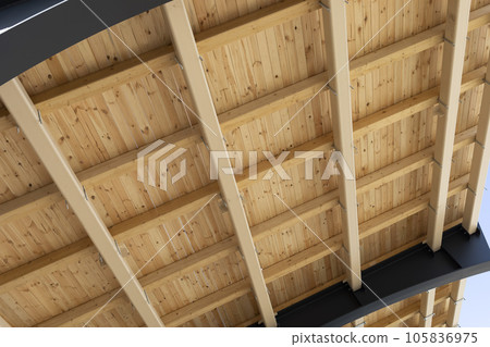 Ready Shed, Roof Construction. Building A Wooden Canopy From Boards And Structural Steel Beam, No People. Constructing And Engineering. Horizontal Plane 105836975