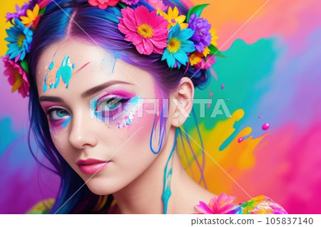 Beauty Woman with flowers in her hair and a colorful background with paint splashes on her face and body. Stylish fashion design. Beauty Salon design banner. Health and spa cosmetics. Generative AI 105837140
