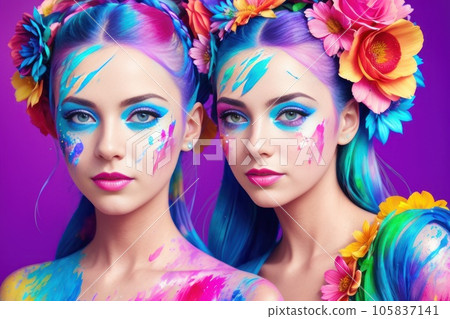 Two Beautiful Women with flowers in their hairs and colorful background with paint splashes on her faces and bodies. Stylish fashion design. Beauty Salon banner.Health and spa cosmetics. Generative AI 105837141