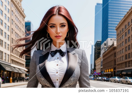 Young confident smiling caucasian business woman standing on busy street, portrait. Proud successful female entrepreneur wearing suit toxedo bow-tie posing in big city outdoors. Generative AI Young confident smiling caucasian business woman standing on busy street, portrait. Proud successful female entrepreneur wearing suit toxedo bow-tie posing in big city outdoors. Generative AI 105837191