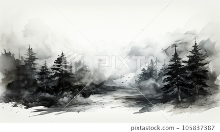 Black and white blot painted in watercolor on a light background, splashes, pattern 105837387