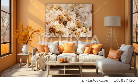 Interior design of a living room with a sofa, yellow color, a painting and lamps, for designers interiors Interior design of a living room with a sofa, yellow color, a painting and lamps, for designers interiors 105837420