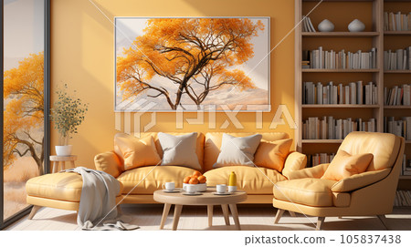 Interior design of a living room with a sofa, yellow color, a painting and lamps, for designers interiors Interior design of a living room with a sofa, yellow color, a painting and lamps, for designers interiors 105837438