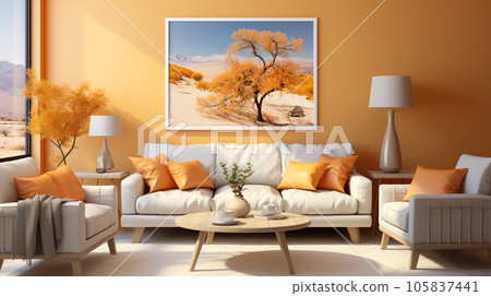 Interior design of a living room with a sofa, yellow color, a painting and lamps, for designers interiors 105837441