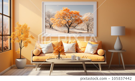 Interior design of a living room with a sofa, yellow color, a painting and lamps, for designers interiors Interior design of a living room with a sofa, yellow color, a painting and lamps, for designers interiors 105837442