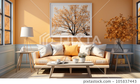 Interior design of a living room with a sofa, yellow color, a painting and lamps, for designers interiors Interior design of a living room with a sofa, yellow color, a painting and lamps, for designers interiors 105837443