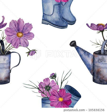 Floral seamless pattern with bouquet of cosmos flowers in metal watering can and rubber boots. watercolor illustration. Botanical pattern for fabrics, textiles, wallpapers, scrapbooking Floral seamless pattern with bouquet of cosmos flowers in metal watering can and rubber boots. watercolor illustration. Botanical pattern for fabrics, textiles, wallpapers, scrapbooking 105838156