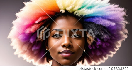 Portrait of a cheerful Afroamerican young woman with colorful rainbow dyed hairs, sitting and looking at the camera on white background. copy space. Happy, youth and lifestyle concept. Generative AI 105838223