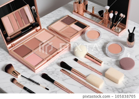 A nude eyeshadow palette and makeup artist's tools on a marble vanity. Brushes for powder, blush, eyebrows, shadows and sponges for concealer and foundation. Generative AI A nude eyeshadow palette and makeup artist's tools on a marble vanity. Brushes for powder, blush, eyebrows, shadows and sponges for concealer and foundation. Generative AI 105838705