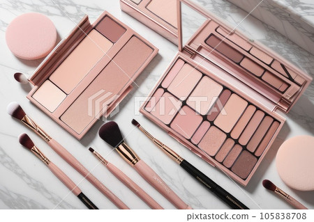 Makeup brushes for blush and eyeshadow, sponge, pink lipstick, lip gloss, eyelash curler, round earrings, red lip pencil and nail polish. Get ready for date. A peach background. Generative AI 105838708