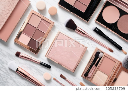 A nude eyeshadow palette and makeup artist's tools on a marble vanity. Brushes for powder, blush, eyebrows, shadows and sponges for concealer and foundation. Generative AI 105838709