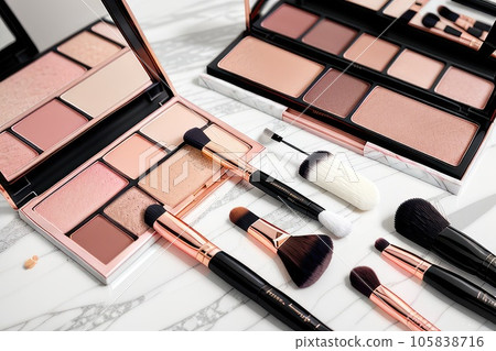A nude eyeshadow palette and makeup artist's tools on a marble vanity. Brushes for powder, blush, eyebrows, shadows and sponges for concealer and foundation. Generative AI A nude eyeshadow palette and makeup artist's tools on a marble vanity. Brushes for powder, blush, eyebrows, shadows and sponges for concealer and foundation. Generative AI 105838716