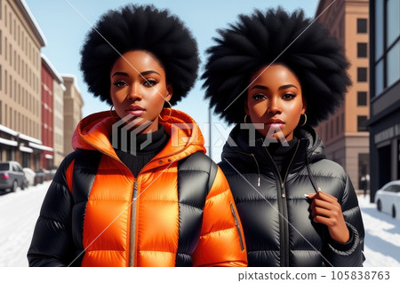 Two African American girls looking at camera, close portrait, the Afro-American woman with big lips, red lipsticks, wearing the black and blue down jacket, afro hairstyle. Generative AI 105838763
