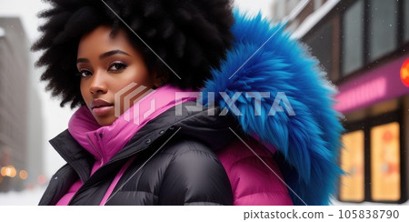 Beautiful afro woman with a pink afro hairstyle in a black modern down jacket on the background of the city. Young pretty Afro lady dressed in puffer jacket looking happy on camera. Generative AI 105838790