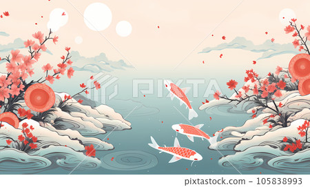 鯉魚和櫻花在池塘里游泳的吉祥日式 PowerPoint 背景圖片，AI 生成的圖像 105838993
