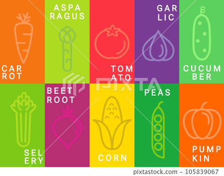Bright vegetables cards in simple minimal style. Bright vegetables cards in simple minimal style. 105839067