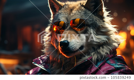 Photo of a dog wearing a jacket in trending colors, neon and cyberpunk, concept for a veterinary clinic 105839249