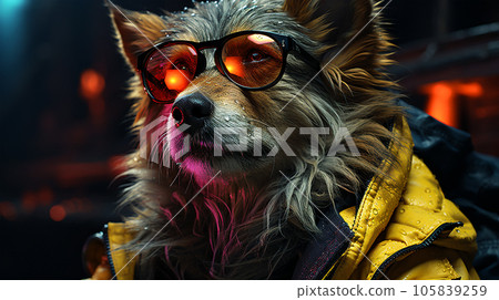 Photo of a dog wearing a jacket in trending colors, neon and cyberpunk, concept for a veterinary clinic Photo of a dog wearing a jacket in trending colors, neon and cyberpunk, concept for a veterinary clinic 105839259