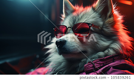 Photo of a dog wearing a jacket in trending colors, neon and cyberpunk, concept for a veterinary clinic 105839261