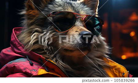 Photo of a dog wearing a jacket in trending colors, neon and cyberpunk, concept for a veterinary clinic 105839266