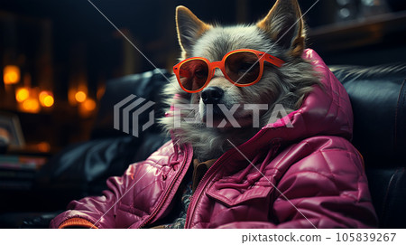 Photo of a dog wearing a jacket in trending colors, neon and cyberpunk, concept for a veterinary clinic 105839267