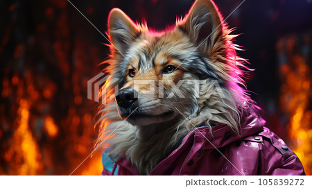 Photo of a dog wearing a jacket in trending colors, neon and cyberpunk, concept for a veterinary clinic Photo of a dog wearing a jacket in trending colors, neon and cyberpunk, concept for a veterinary clinic 105839272