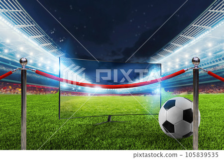 Football stadium with losed event of VIP soccer match delimited by barriers red rope line Football stadium with losed event of VIP soccer match delimited by barriers red rope line 105839535