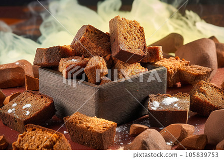 Borodino croutons, crackers, fried slices of black bread in oil. Borodino croutons, crackers, fried slices of black bread in oil. 105839753
