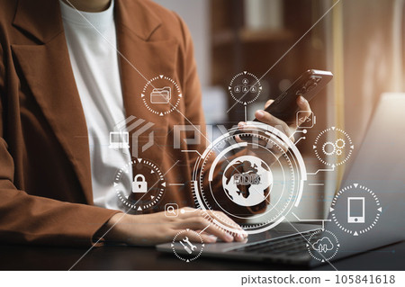 Person using smartphone, laptop  with SDK icon on virtual screen. SDK Software development kit programming language technology concept in office. 105841618