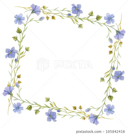 Hand drawn watercolor flax linen blue flowers, stems and leaves. Natural plant. Botanical illustration, circle wreath frame isolated on white background. For shop logo print, website, card, booklet. 105842416
