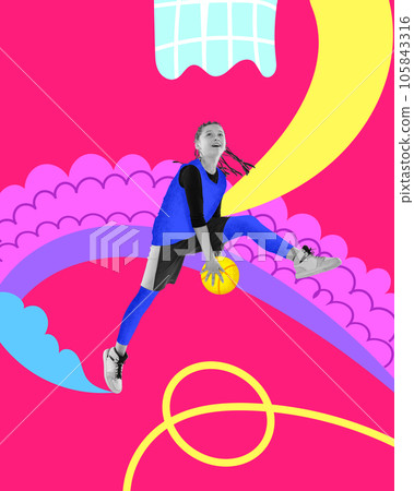 Contemporary art collage. Composition with female basketball player uses feint to score agoal onto opponent's ring. Trendy urban style. 105843316