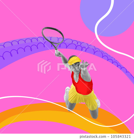 Contemporary creative art collage. Professional female tennis player jumping with racquet on colorful vivid drawing background. Contemporary creative art collage. Professional female tennis player jumping with racquet on colorful vivid drawing background. 105843321