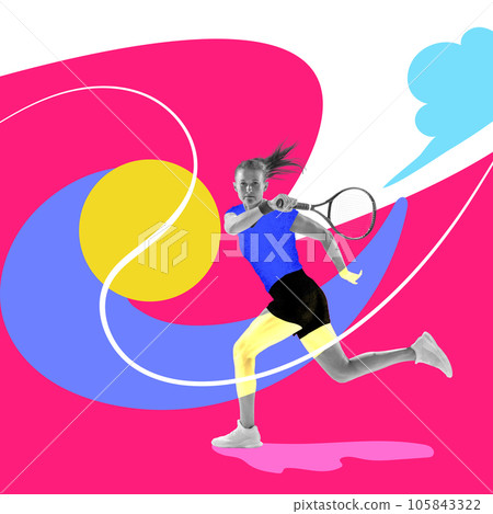 Contemporary creative art collage. Professional female tennis player running with raqcuet on colorful vivid drawing background. 105843322