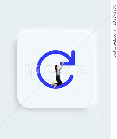 UI actions. Contemporary art collage. Refresh, restrat, reload icon or button for web, computer and mobile app. One businesswoman pulling rounded arrow to scroling. UI actions. UI actions. Contemporary art collage. Refresh, restrat, reload icon or button for web, computer and mobile app. One businesswoman pulling rounded arrow to scroling. UI actions. 105843370