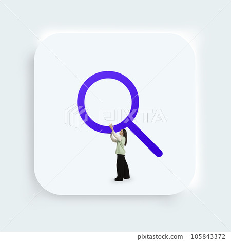 Contemporary art collage. Magnifying glass icon or button for web, computer and mobile app. One businesswoman staying clasping search tool. UI actions. Contemporary art collage. Magnifying glass icon or button for web, computer and mobile app. One businesswoman staying clasping search tool. UI actions. 105843372