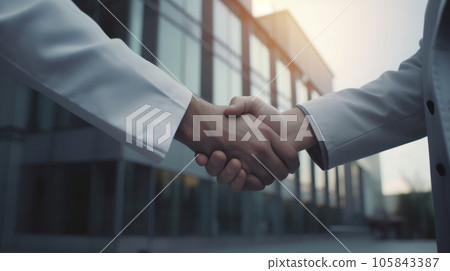 Handshake of two men in white coats on the background of a glass building, at sunset 105843387