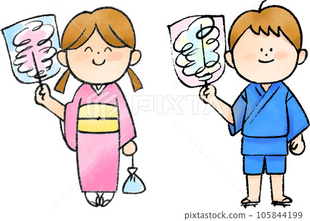A child in Japanese clothes holding cotton candy 105844199