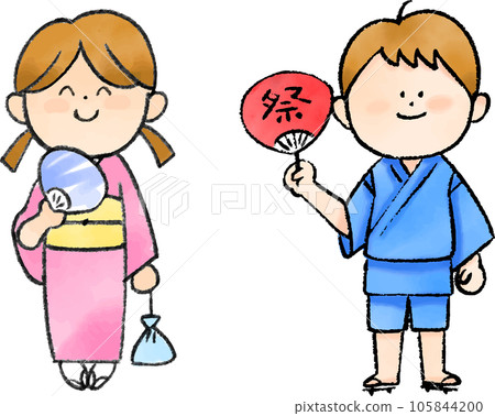 穿著浴衣和甚平拿著扇子的孩子 105844200